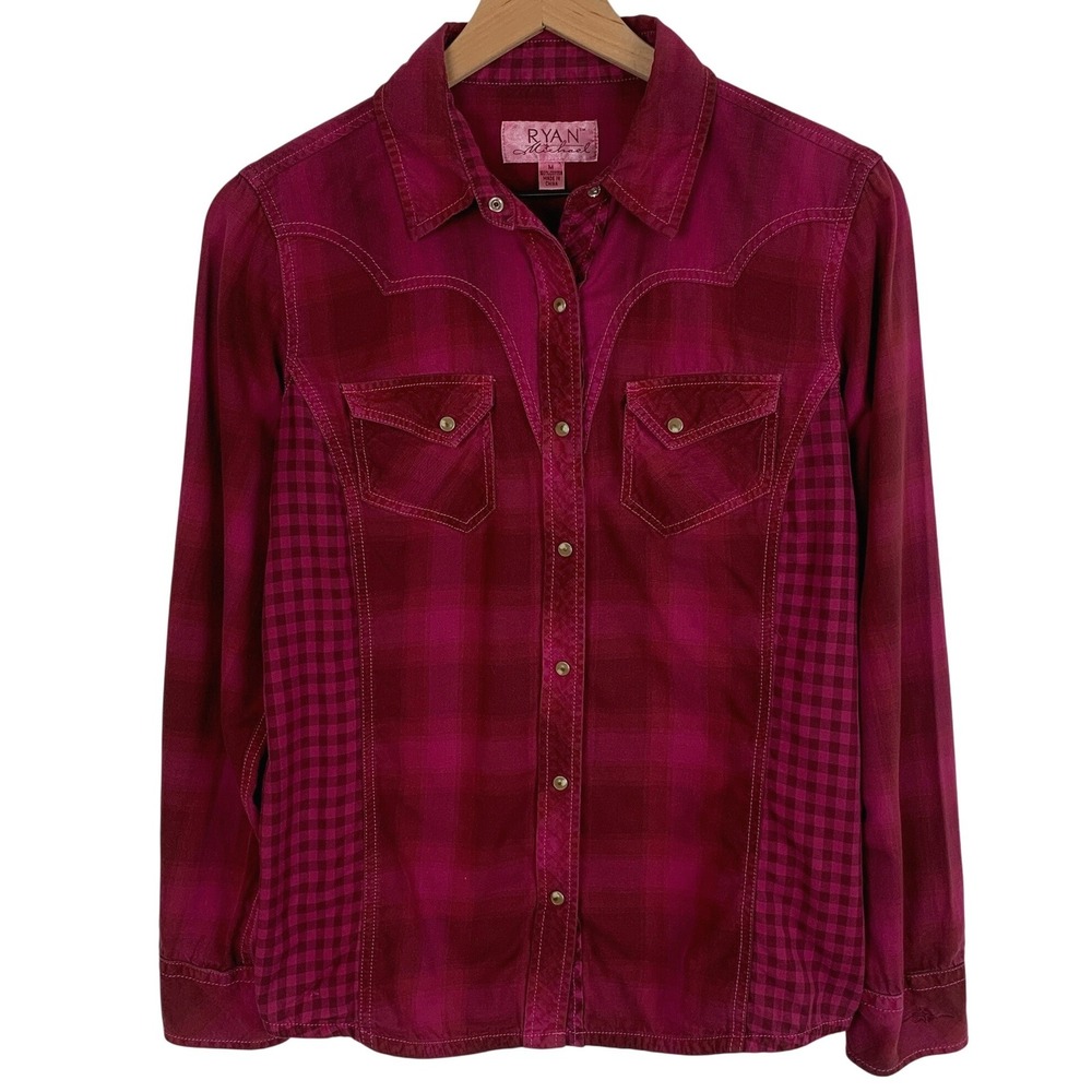 RYAN MICHAEL Plaid Western Snap Front 100% Cotton Shirt Women's M Magenta Pink